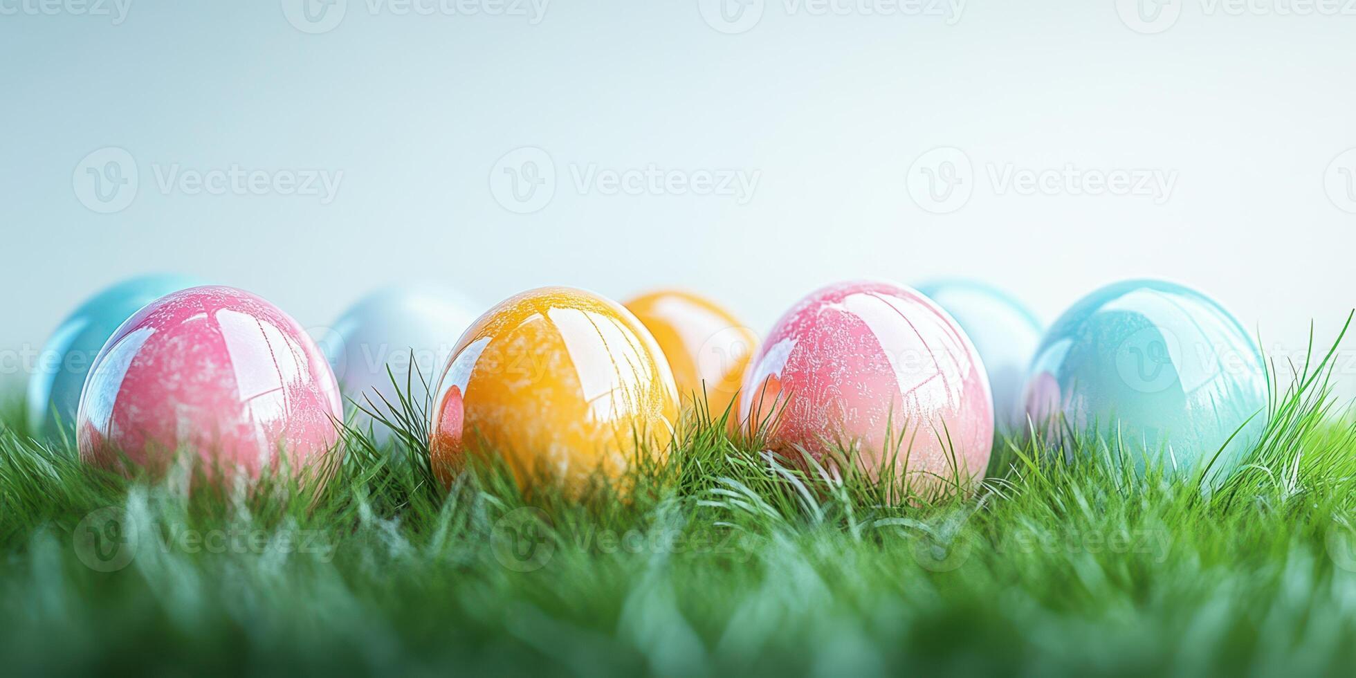 Colorful Easter eggs arranged in fresh green grass on a bright spring day photo