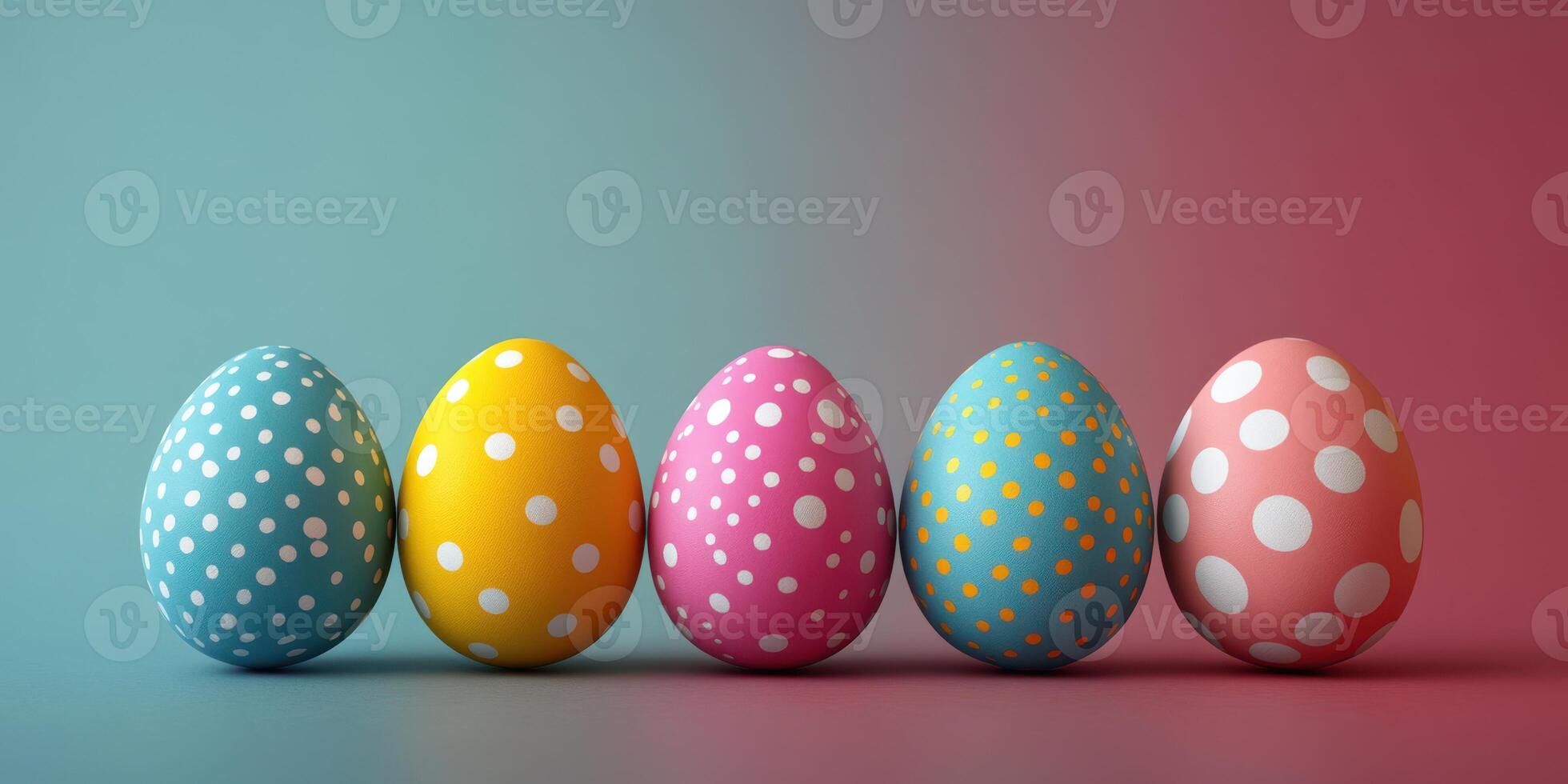 Colorful decorated eggs arranged in a row against a pastel gradient background during spring festivities photo