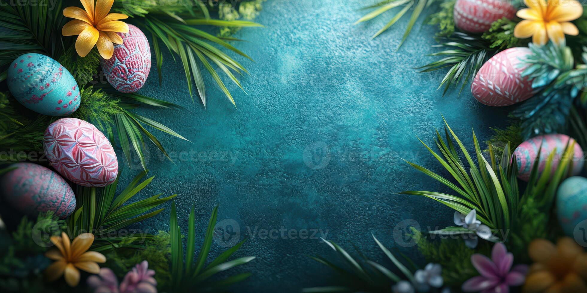 Colorful Easter eggs surrounded by tropical foliage create a festive atmosphere for spring celebrations photo