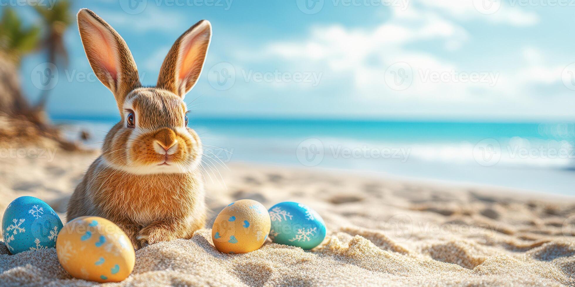 Cute rabbit sitting on sandy beach near colorful eggs under bright sky during sunny day photo