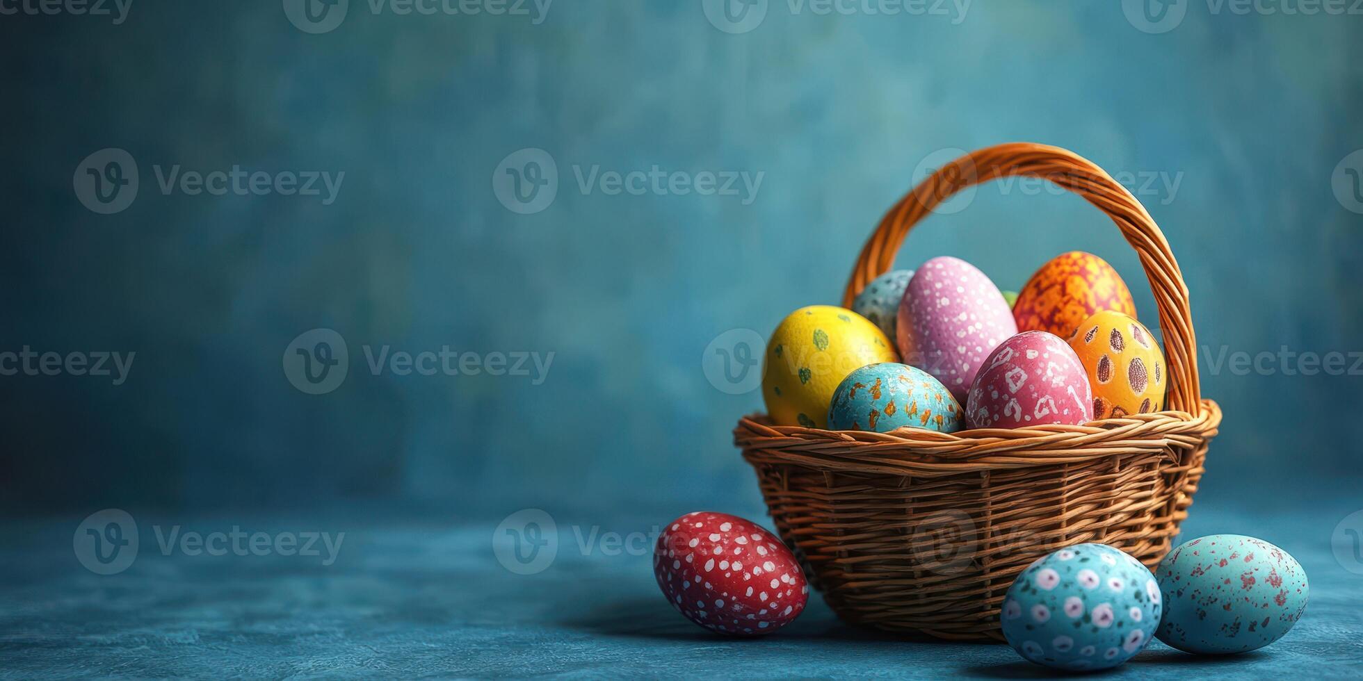 Colorful Easter eggs in a woven basket on a teal background create a festive atmosphere for spring celebrations photo