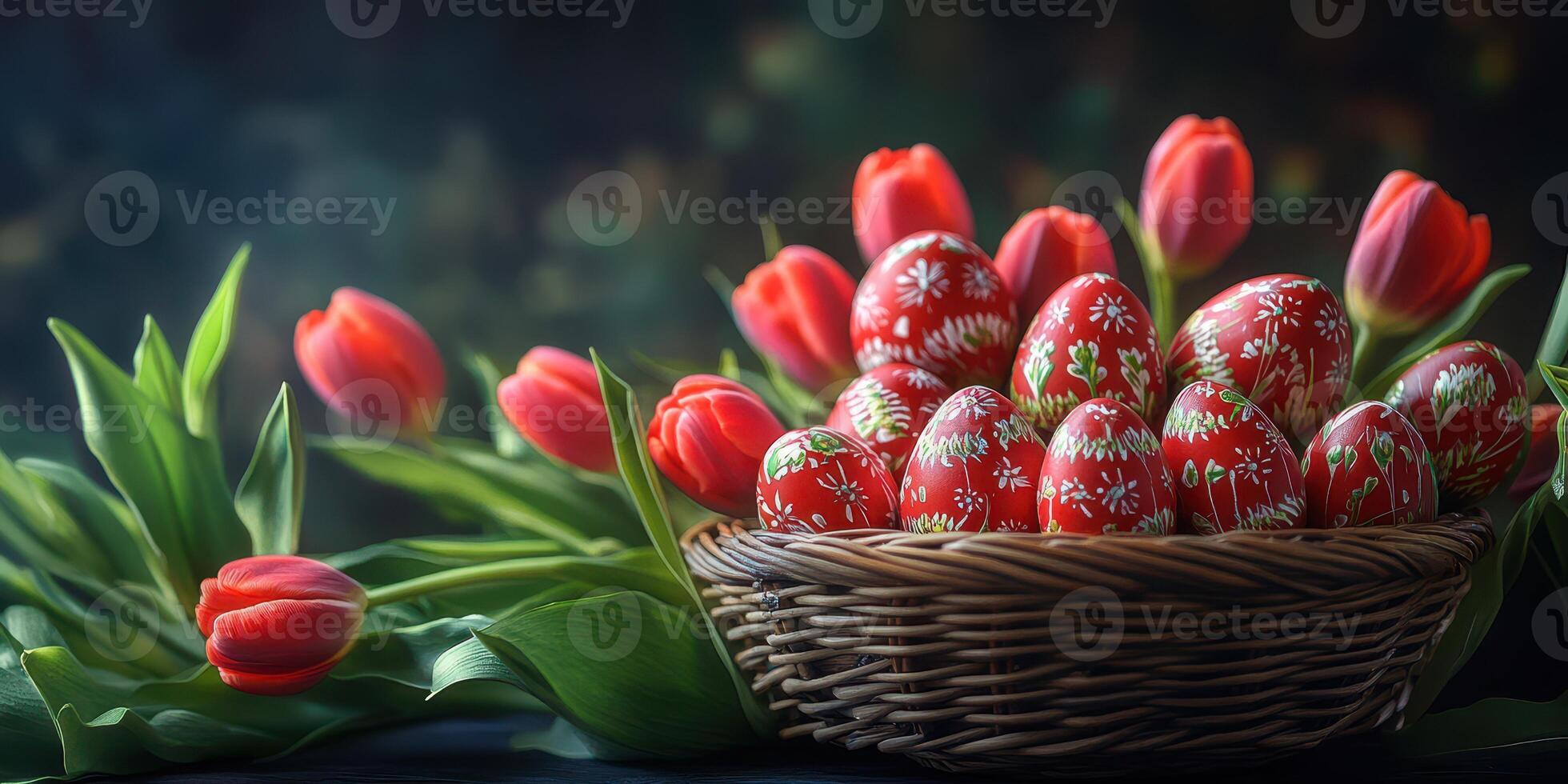 Colorful decorated eggs and fresh tulips arranged beautifully in a wicker basket for spring celebration photo