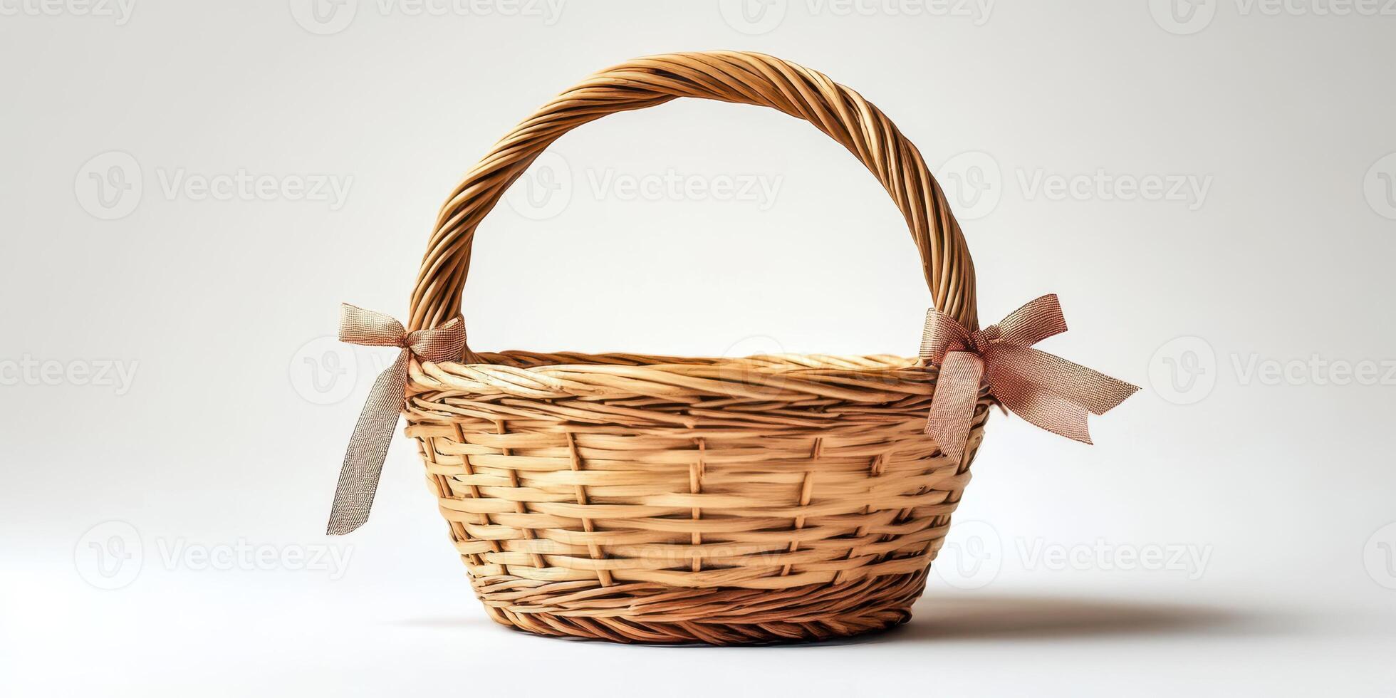 Woven basket with a handle and ribbon accents placed on a plain background photo
