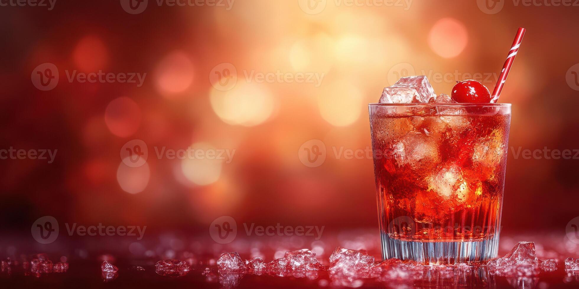 Brightly colored cocktail on a shimmering bar counter with ice and a cherry garnish at a lively evening gathering photo