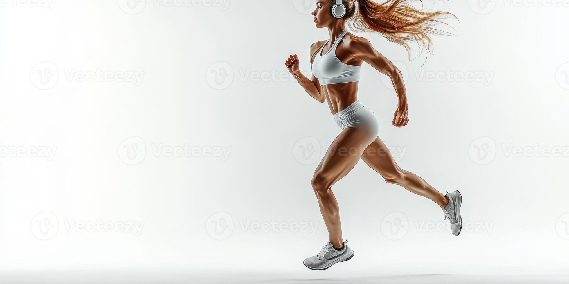 Dynamic woman running in sports attire with headphones, capturing the essence of fitness and movement in a minimalist environment photo