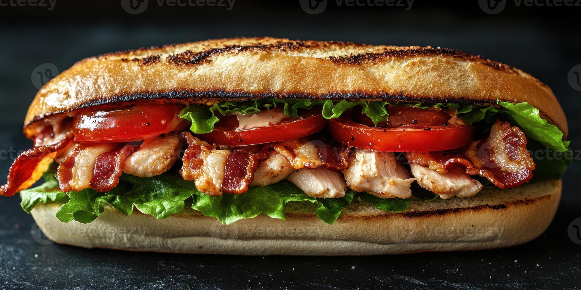 Delicious sub sandwich filled with lettuce, tomatoes, grilled chicken, and crispy bacon ready to be enjoyed photo