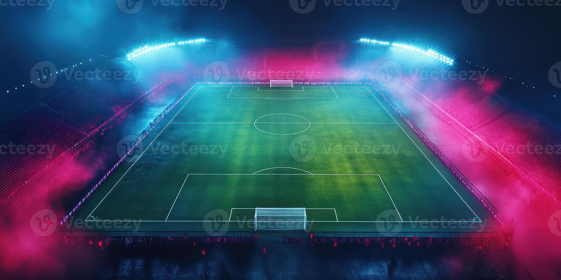 Exciting night at a vibrant soccer stadium with colorful lights and a misty atmosphere photo