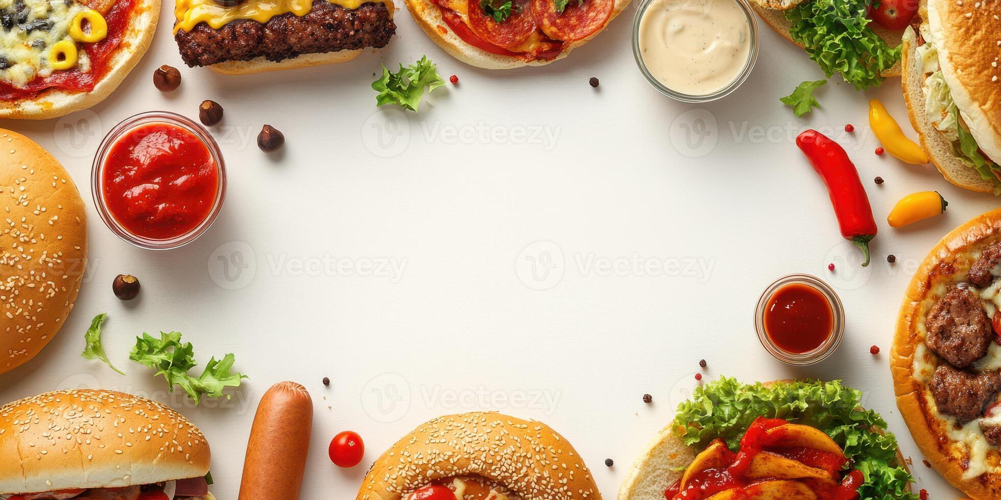 Delicious fast food spread featuring assorted burgers, sauces, and side dishes arranged on a white background photo