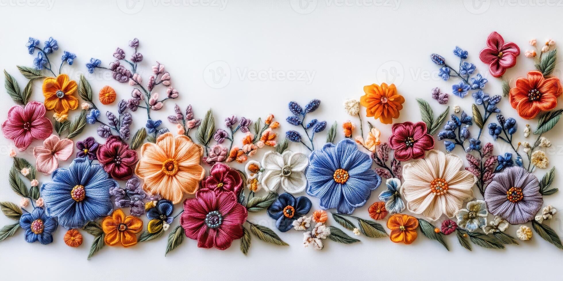 Vibrant floral embroidery design showcasing intricate stitching techniques in colorful threads on a white fabric background photo