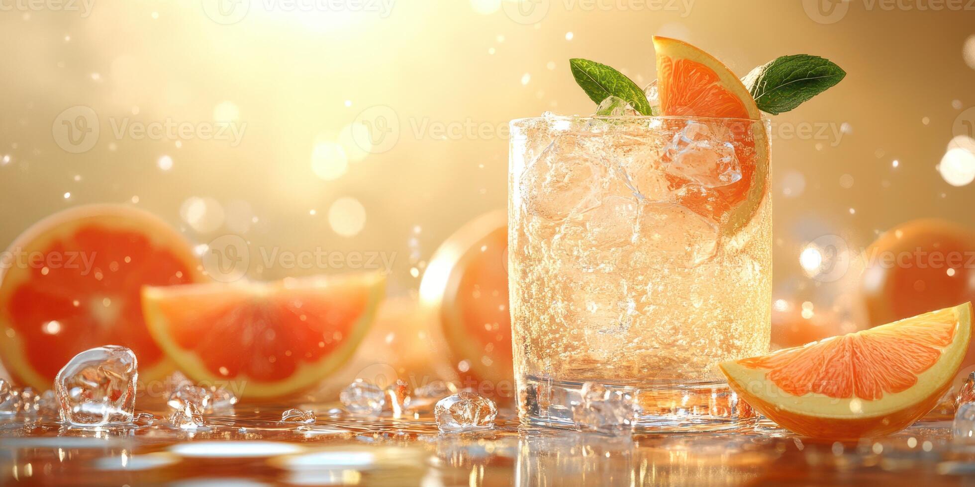 Refreshing citrus drink with ice and orange slices against a bright background photo