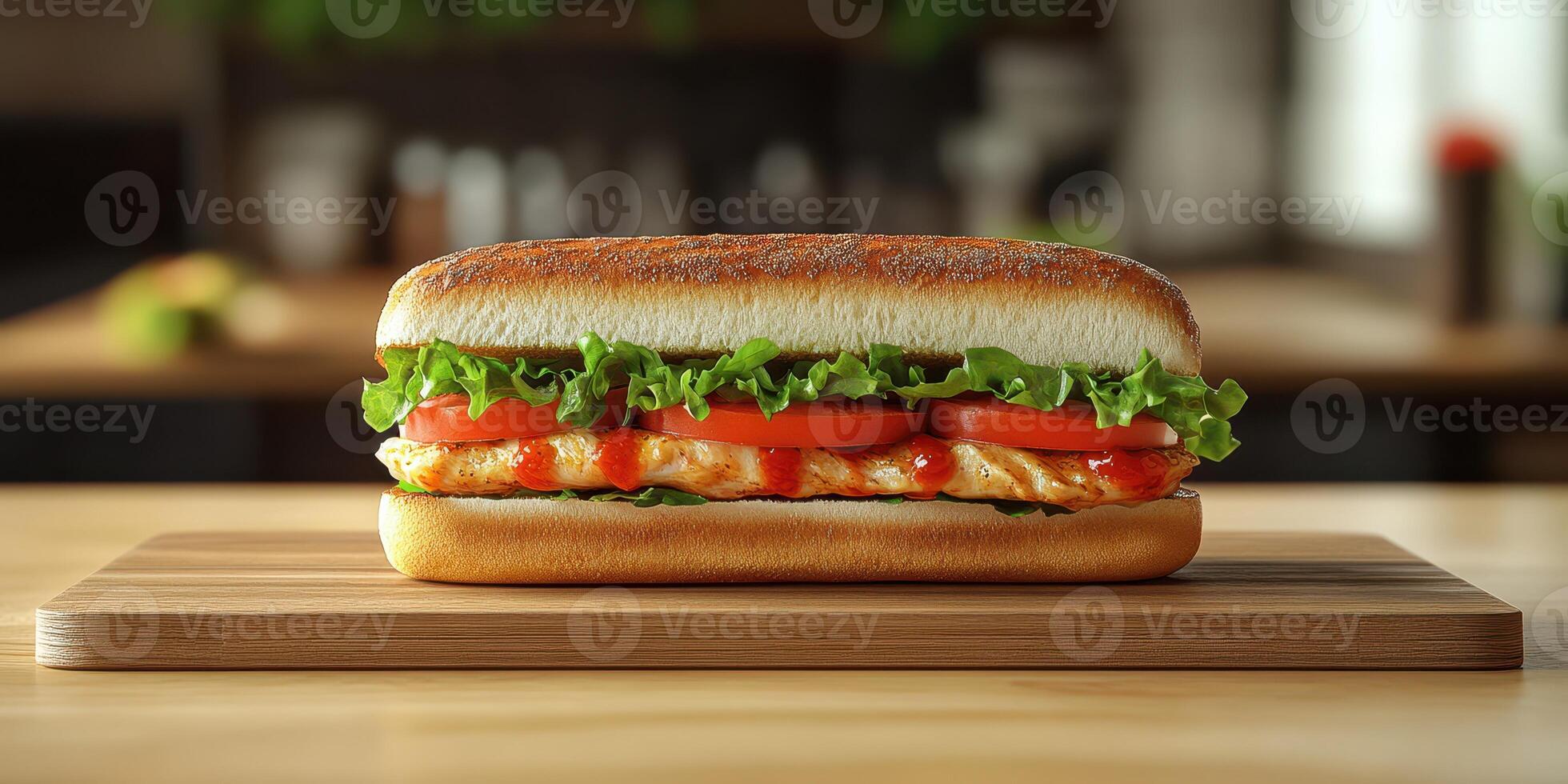 Freshly prepared sandwich with grilled chicken, lettuce, and tomato on a wooden cutting board in a bright kitchen photo