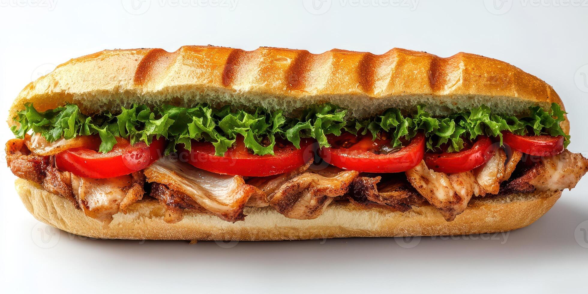 Freshly made sandwich with grilled chicken, lettuce, and ripe tomatoes in a crusty baguette photo