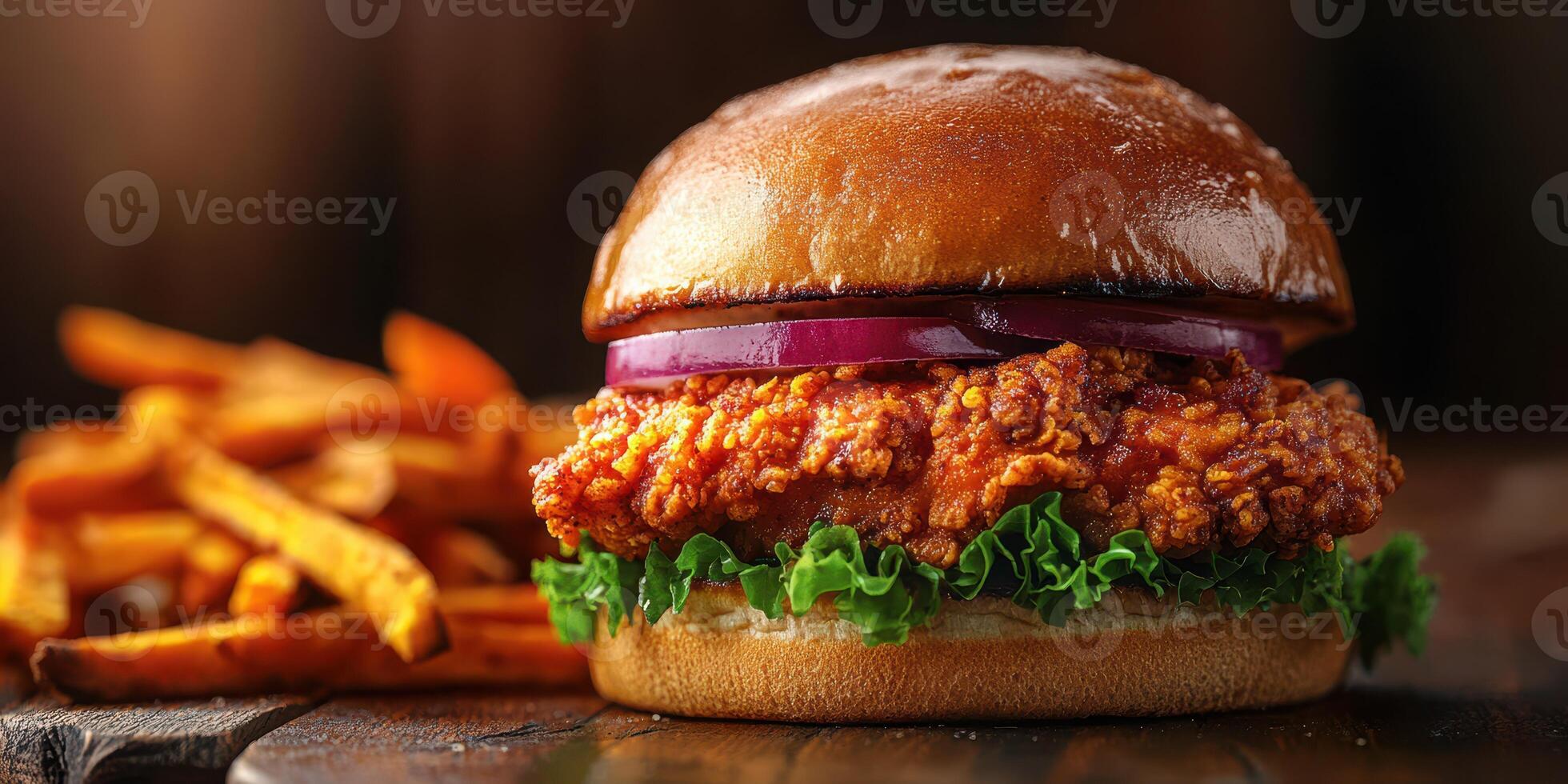 Delicious crispy fried chicken sandwich served with sweet potato fries on a wooden table photo