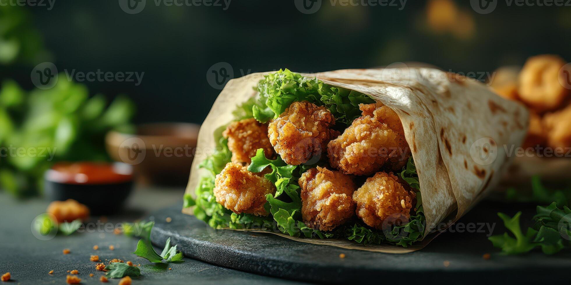 Crispy chicken wrapped in fresh lettuce with flavorful sauce in a cozy eatery photo