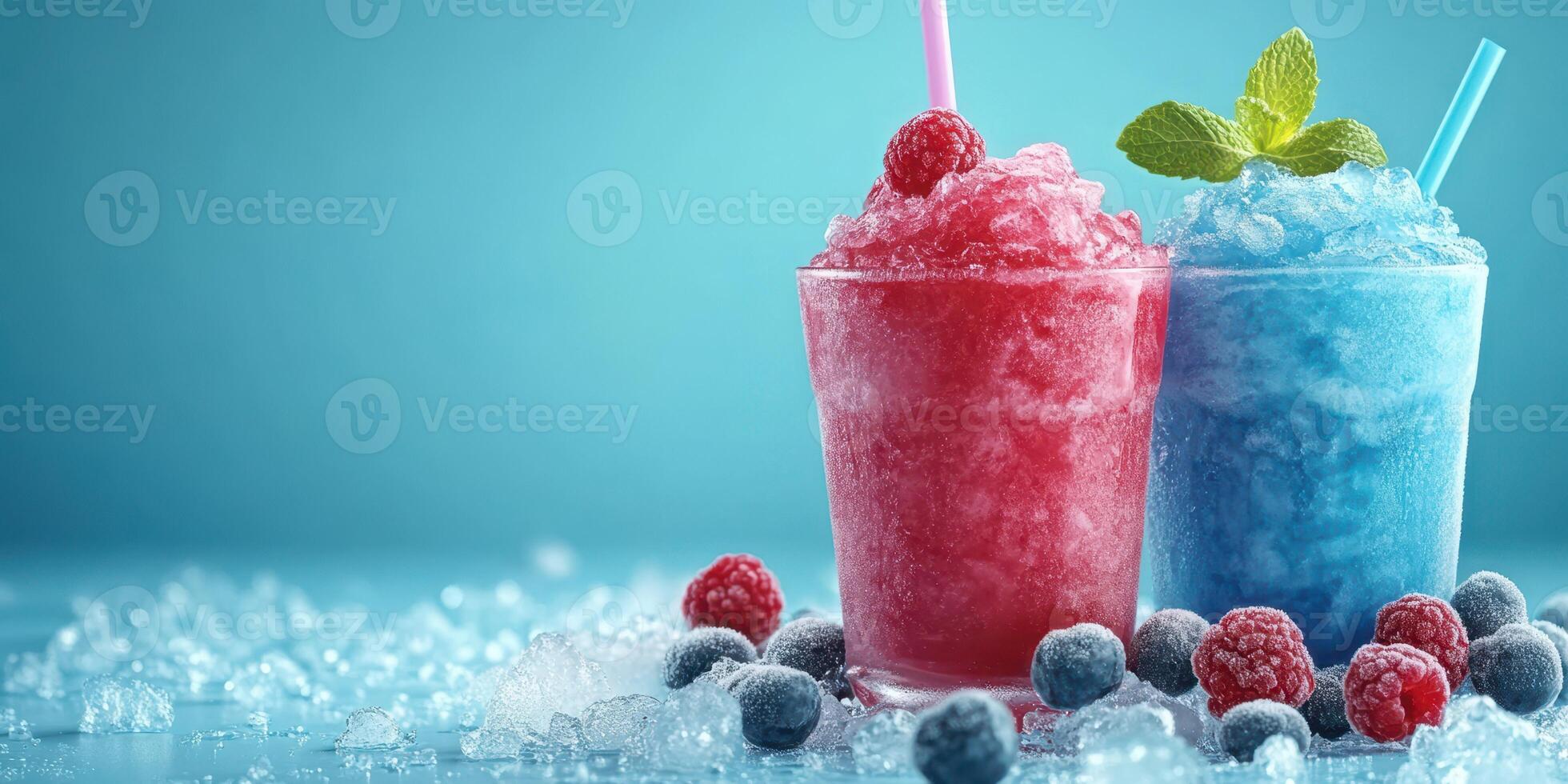 Refreshing frozen drinks served in vibrant colors with fresh berries and mint garnish on a cool blue background photo
