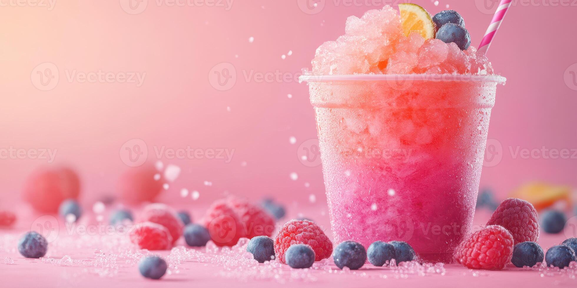 Refreshing frozen drink with colorful berries served in a disposable cup against a pastel background photo