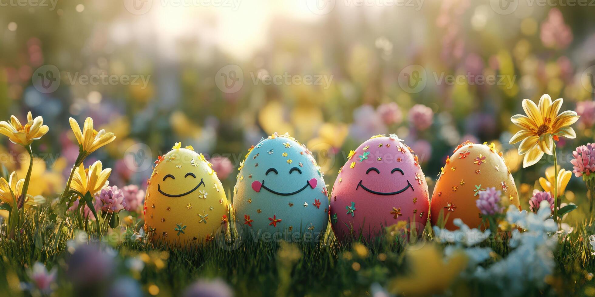 Colorful smiling eggs arranged in a vibrant flower-filled meadow during spring season celebrations photo