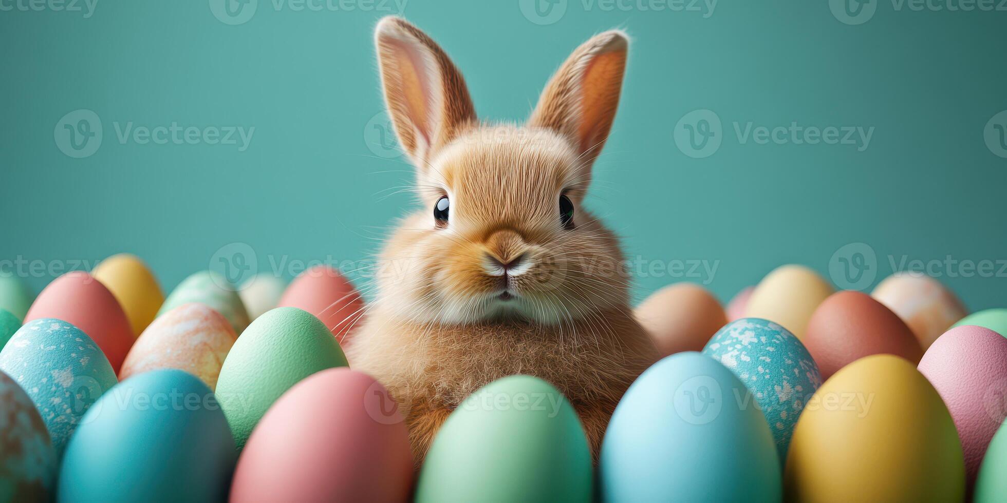 Cute bunny surrounded by colorful Easter eggs in a bright setting during spring festivities photo