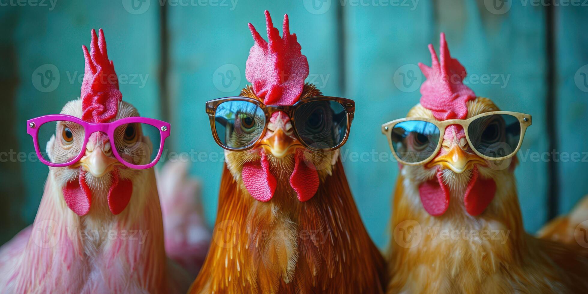 Chickens wearing colorful glasses pose together in a vibrant setting with a rustic backdrop photo