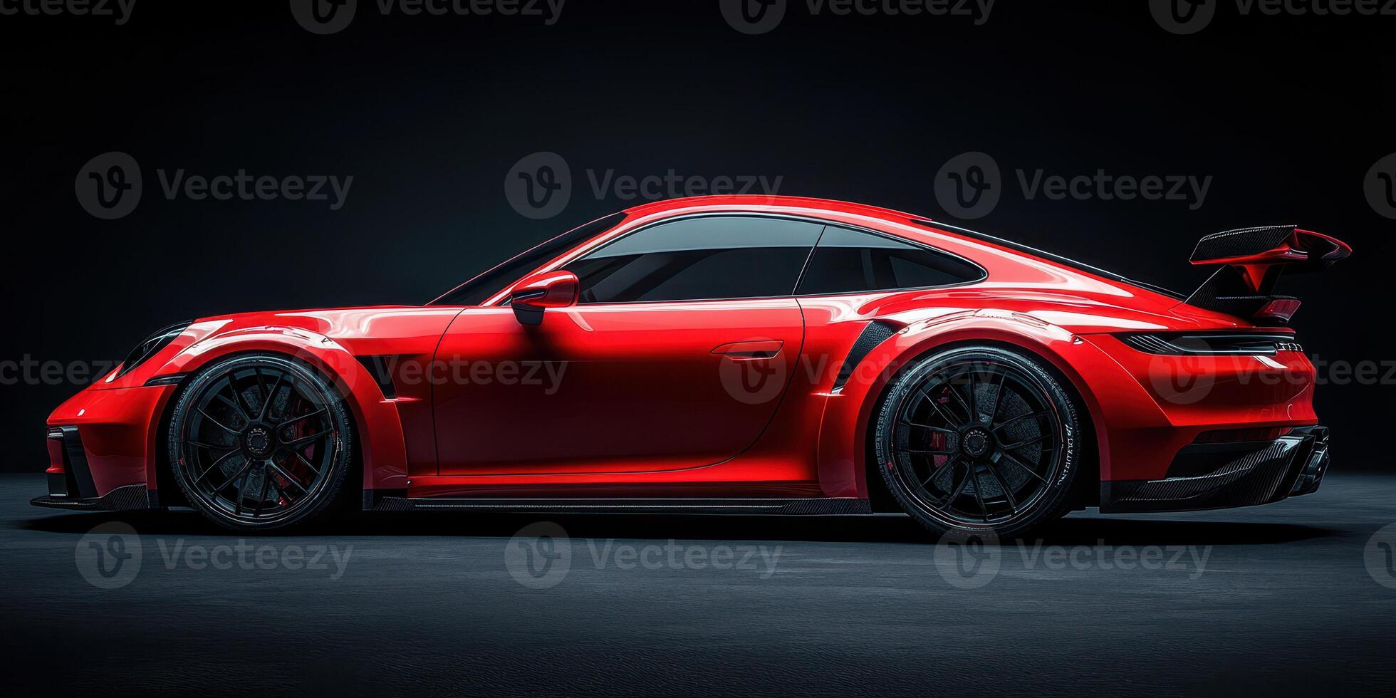 Bright red sports car displayed in a dimly lit showroom with dynamic angles highlighting its sleek design and performance features photo