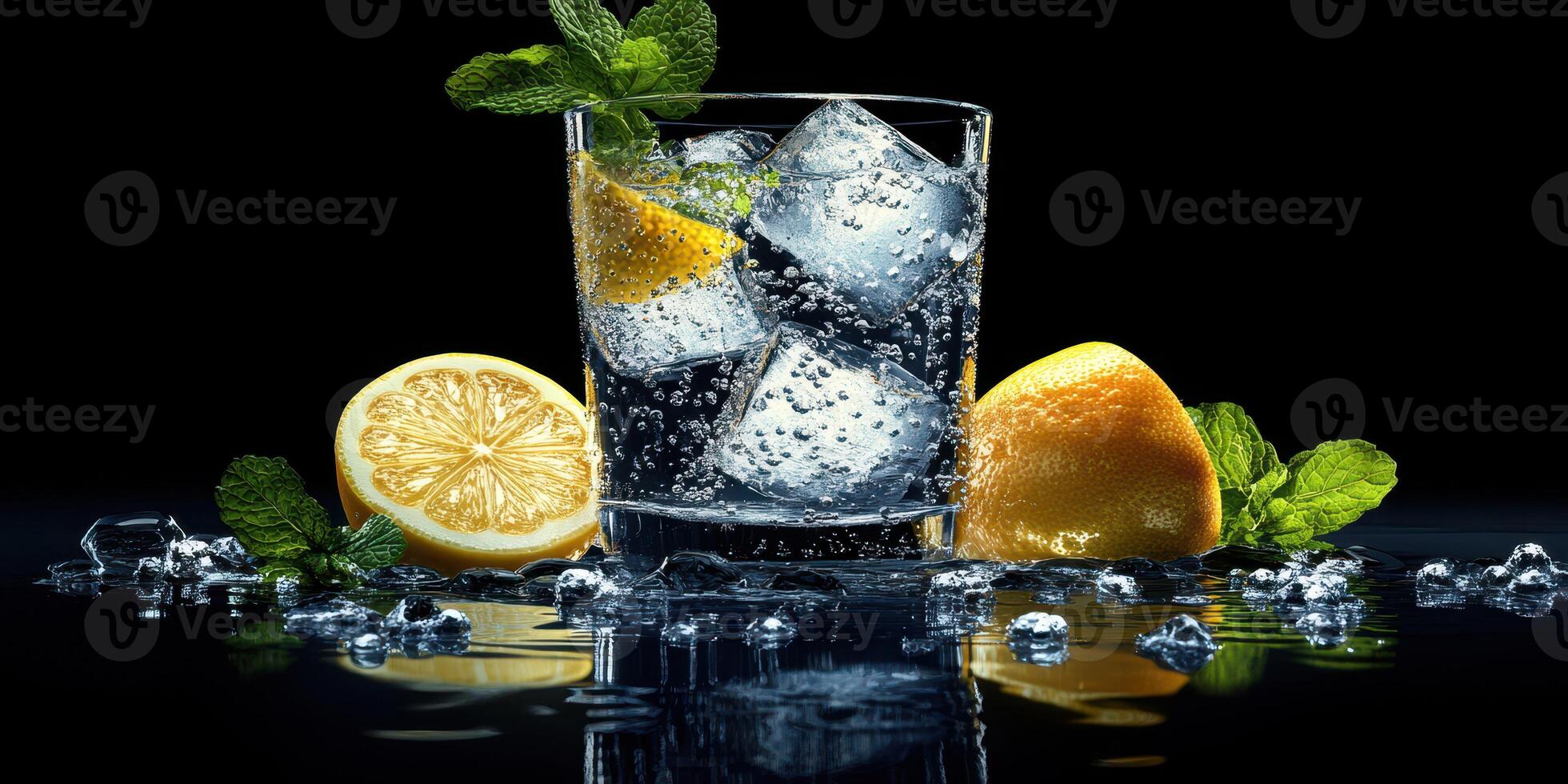 Refreshing glass of sparkling lemon drink with ice and mint leaves on a dark surface photo