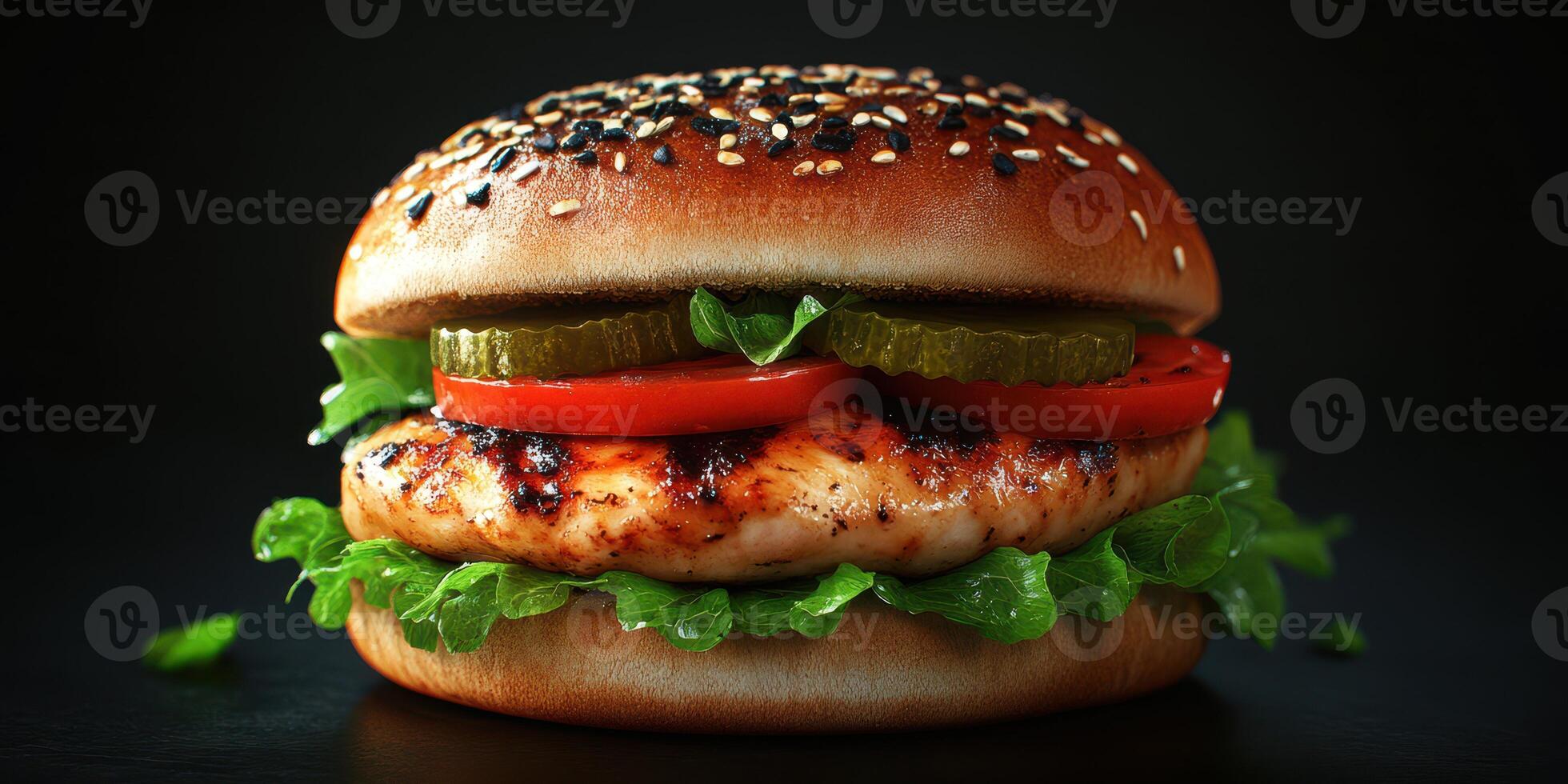 Juicy grilled chicken burger with fresh vegetables on a sesame seed bun in a dark setting photo