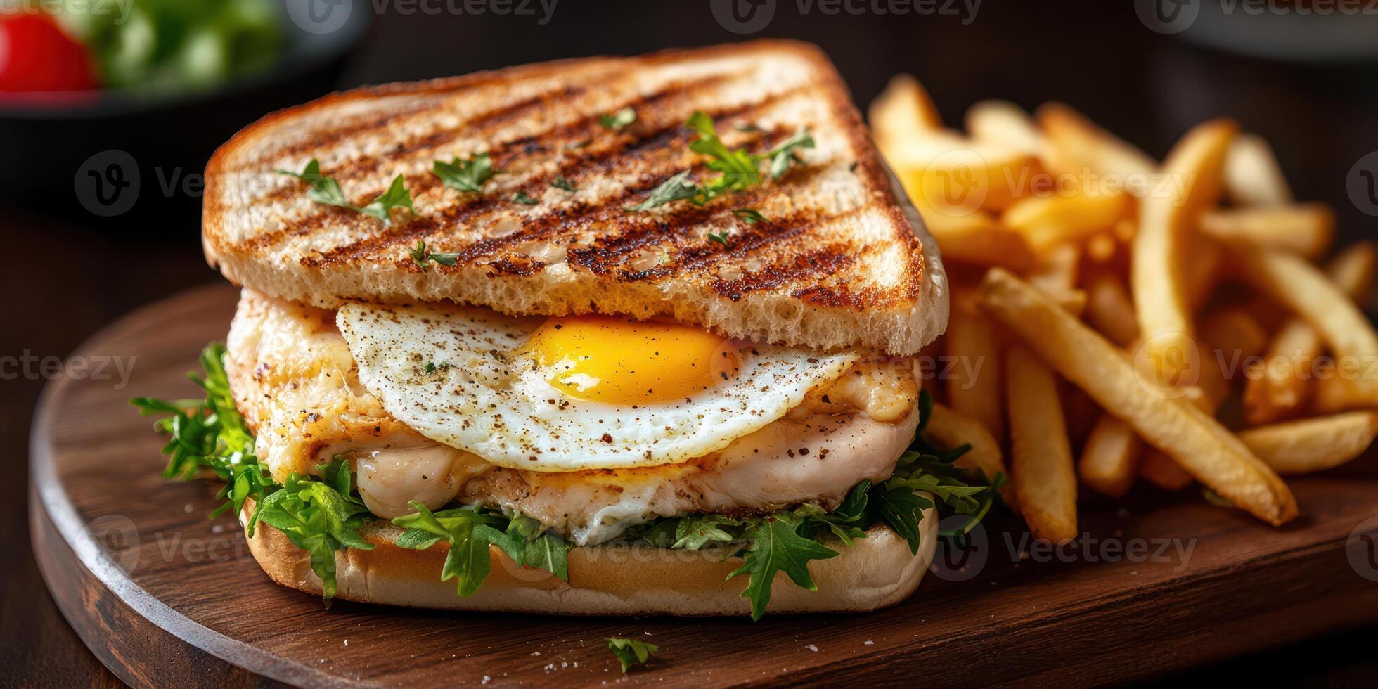 Delicious grilled sandwich with a fried egg and crispy fries served on a wooden platter photo