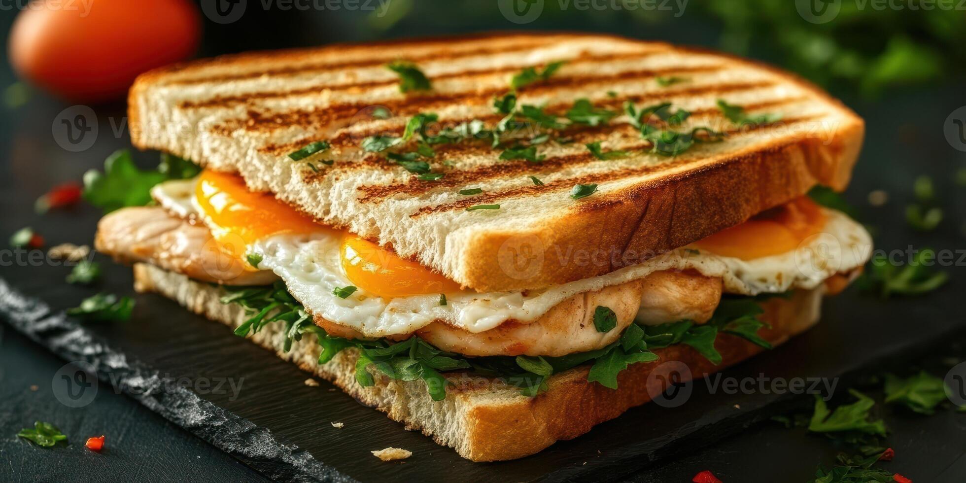 Delicious grilled sandwich with eggs, chicken, and fresh greens prepared in a cozy kitchen photo