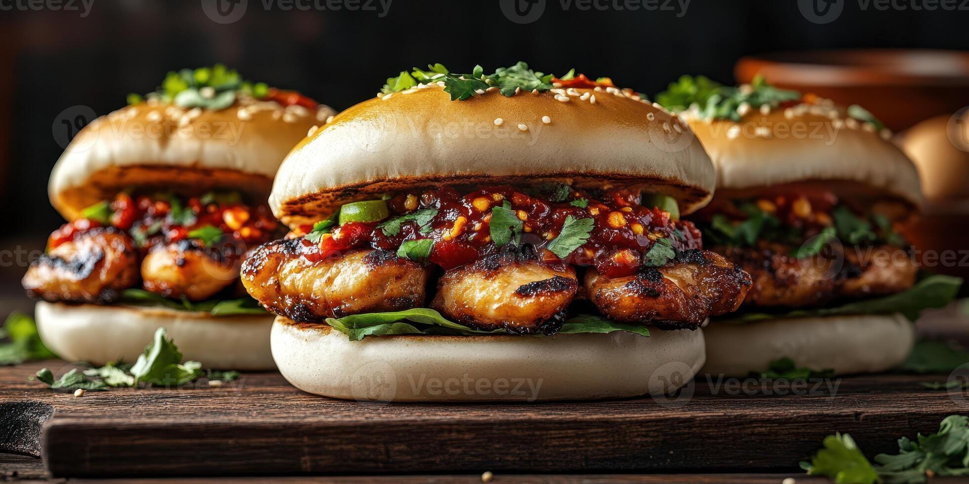 Savory grilled chicken sandwiches with spicy sauce and fresh herbs on a wooden table photo