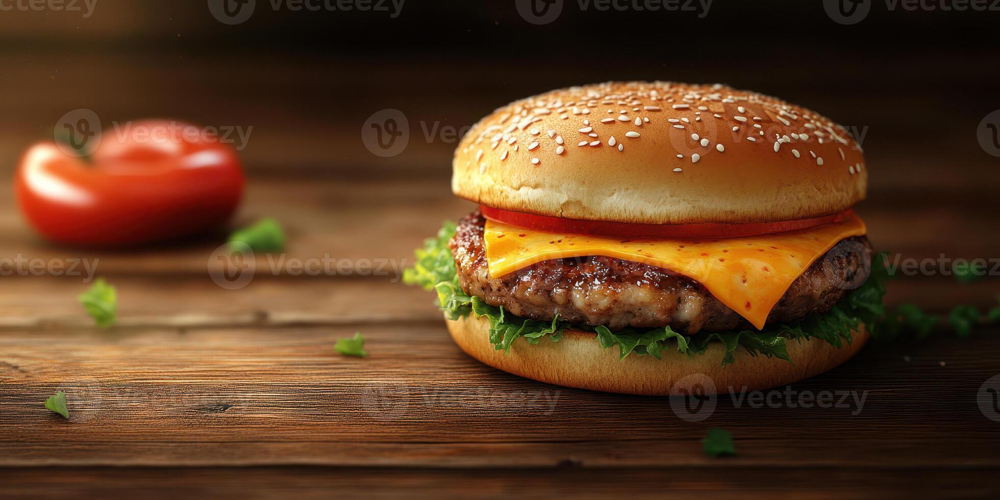 Juicy cheeseburger with fresh ingredients served on a wooden table at a casual dining setting photo