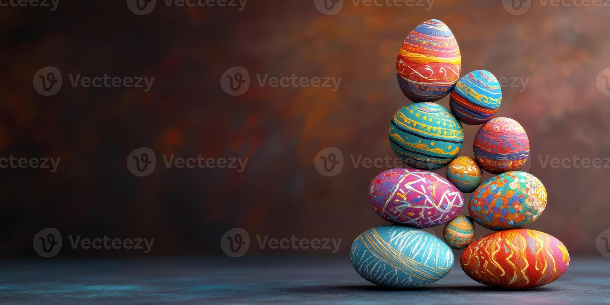 Decorative eggs stacked artistically display vibrant colors and intricate patterns during Easter celebration photo