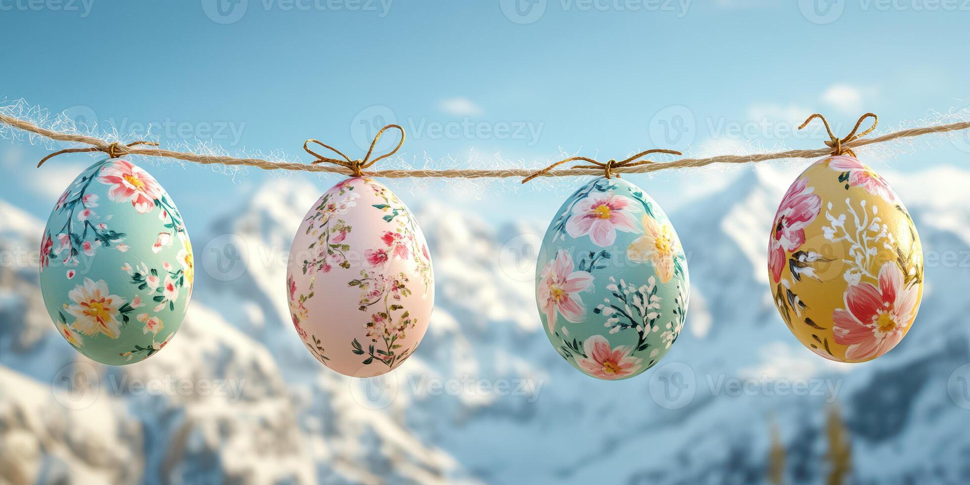 Colorful decorated eggs hanging on a string against a snowy mountain backdrop during springtime festivities photo