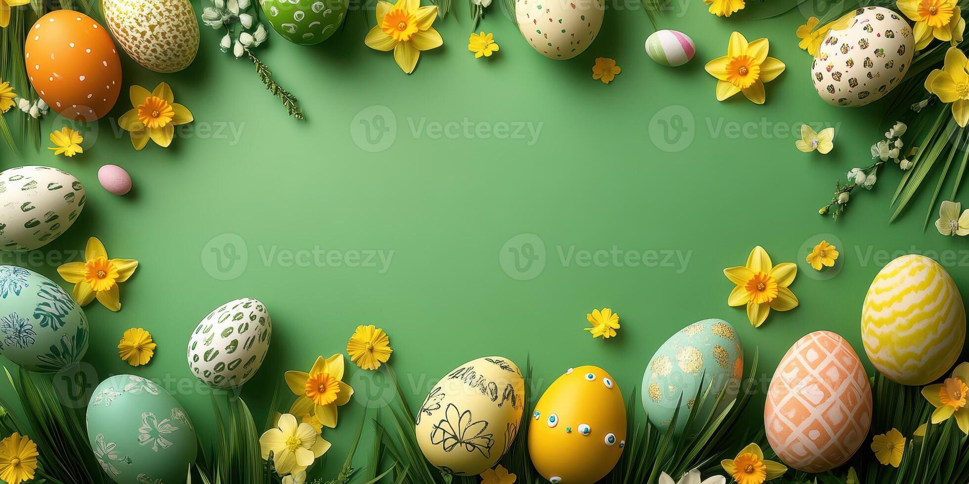 Colorful decorated eggs and spring flowers create a festive Easter atmosphere on a vibrant green background photo