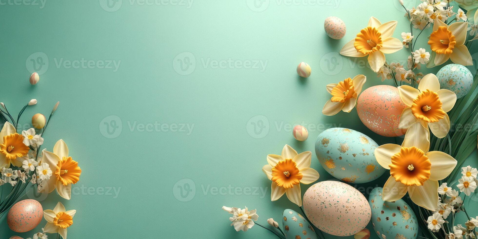 Colorful Easter eggs and spring flowers arranged on a turquoise background for a festive celebration photo