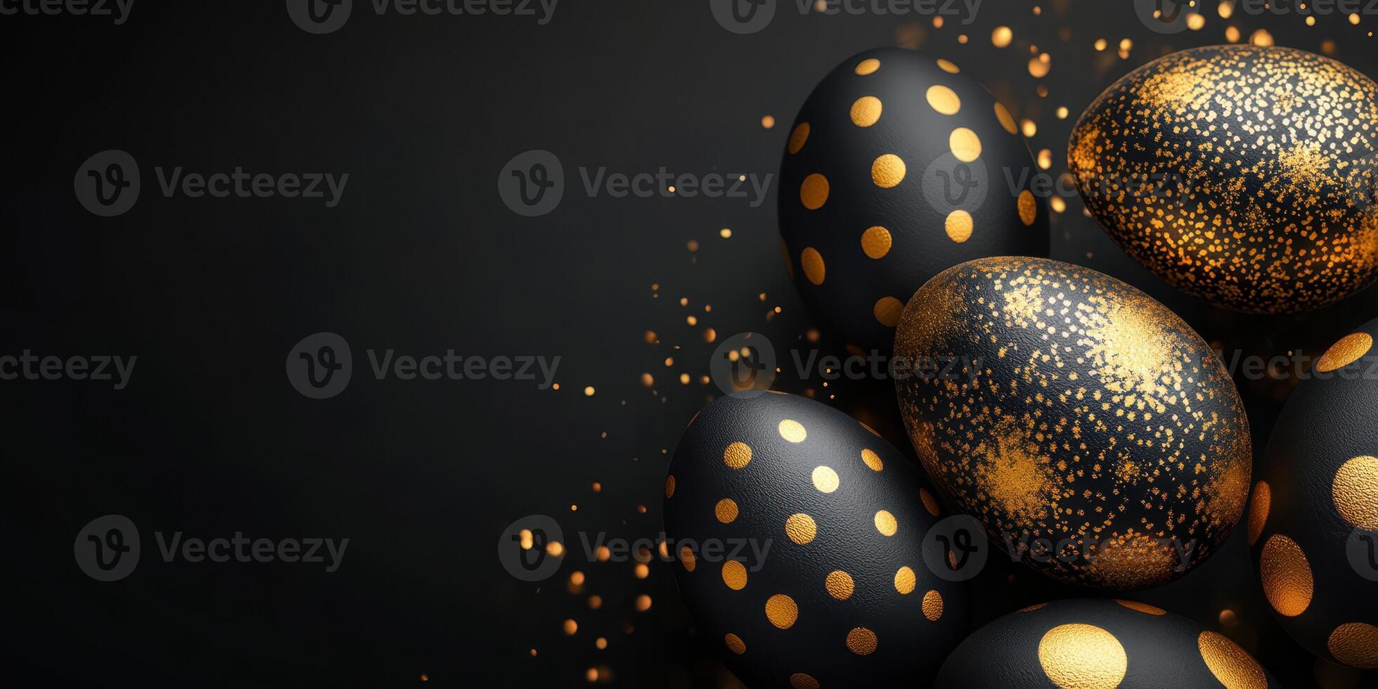 Decorative black and gold Easter eggs arranged on a dark surface for a festive celebration photo