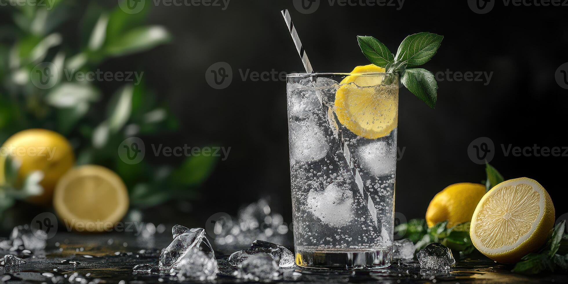Refreshing lemonade drink with ice, lemon slices, and mint leaves on a dark background with fresh lemons photo