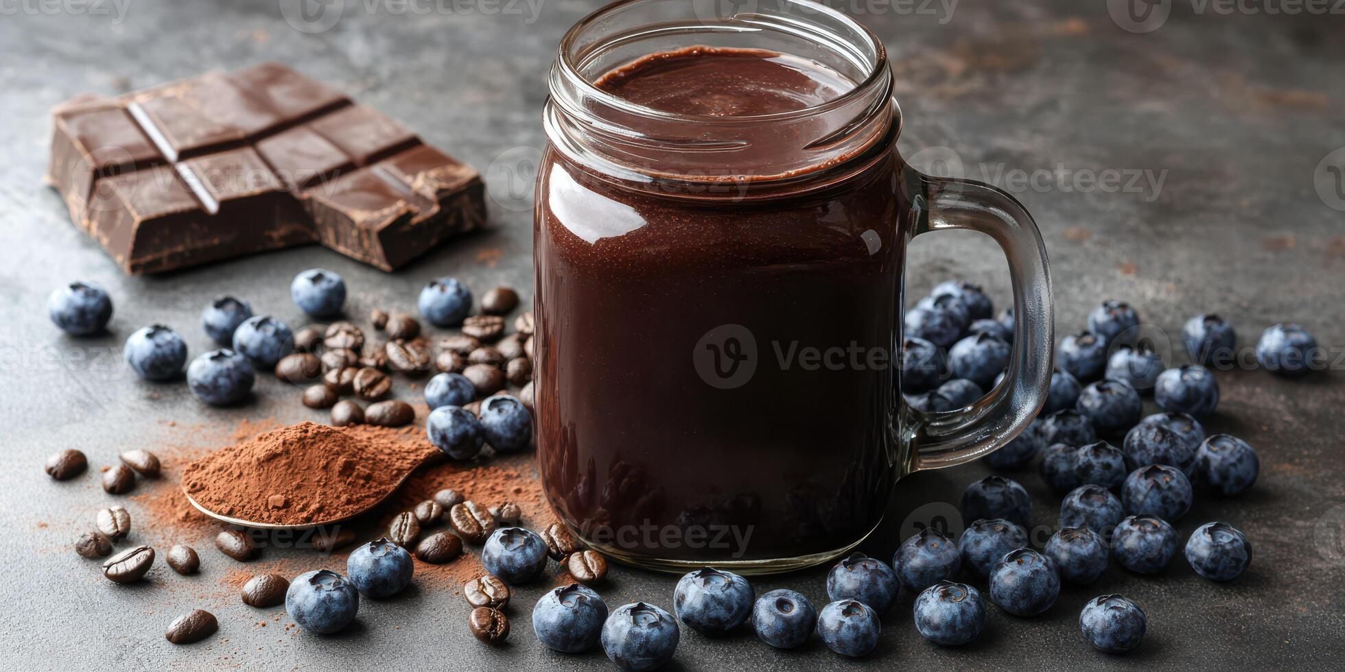Delicious chocolate smoothie with fresh blueberries and cocoa powder on a gray background photo