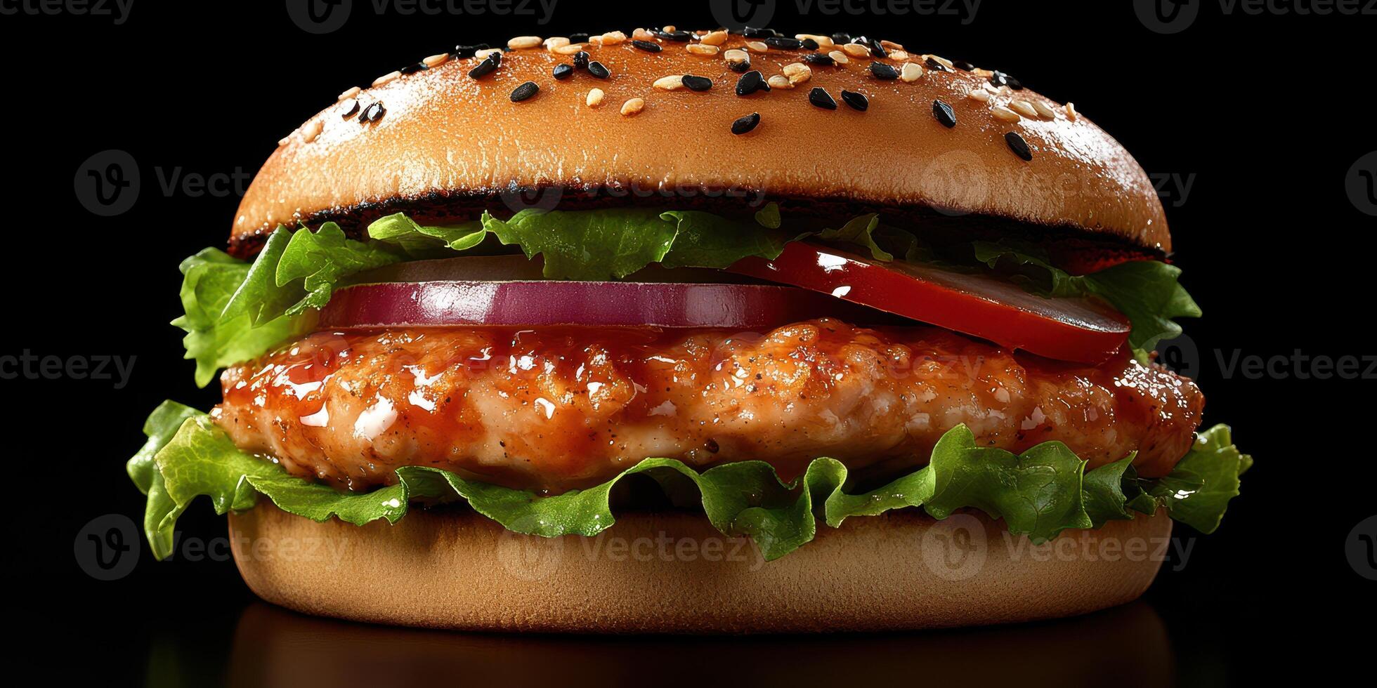 Delicious chicken sandwich with lettuce, tomato, and onion served on a toasted sesame seed bun photo