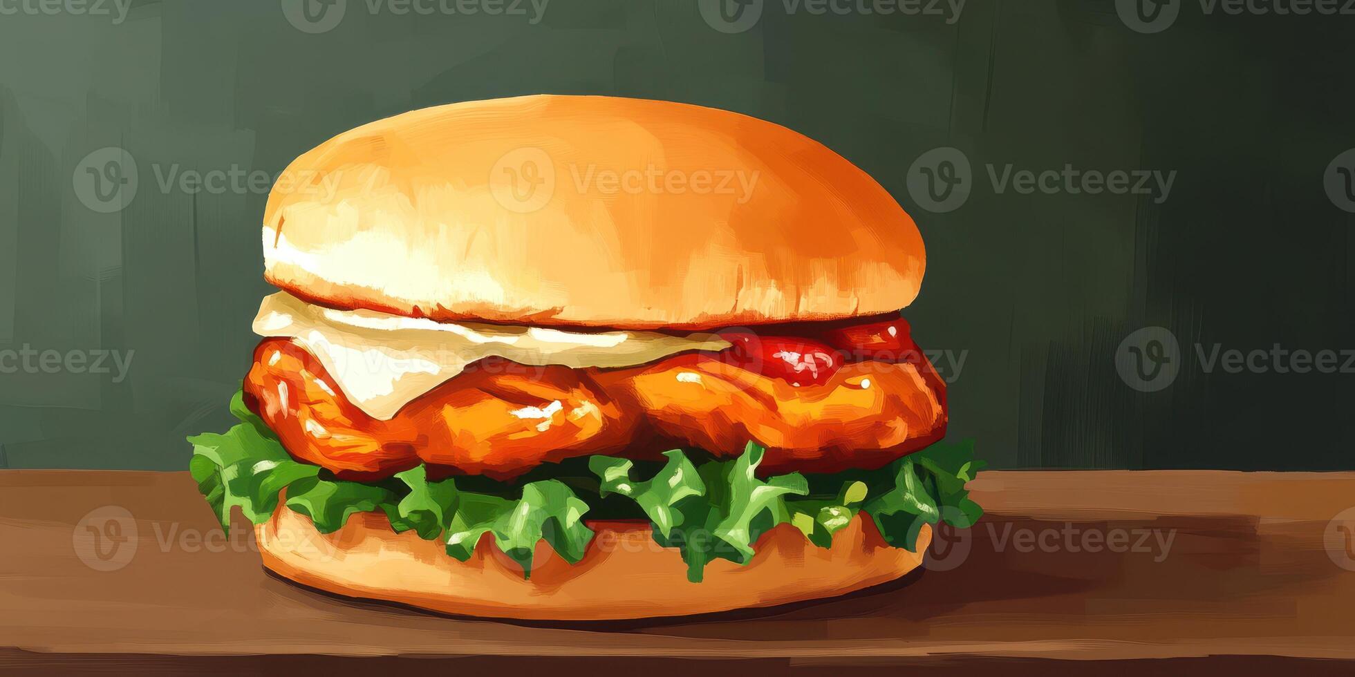 Delicious chicken sandwich with crisp lettuce and creamy sauce placed on a wooden table photo
