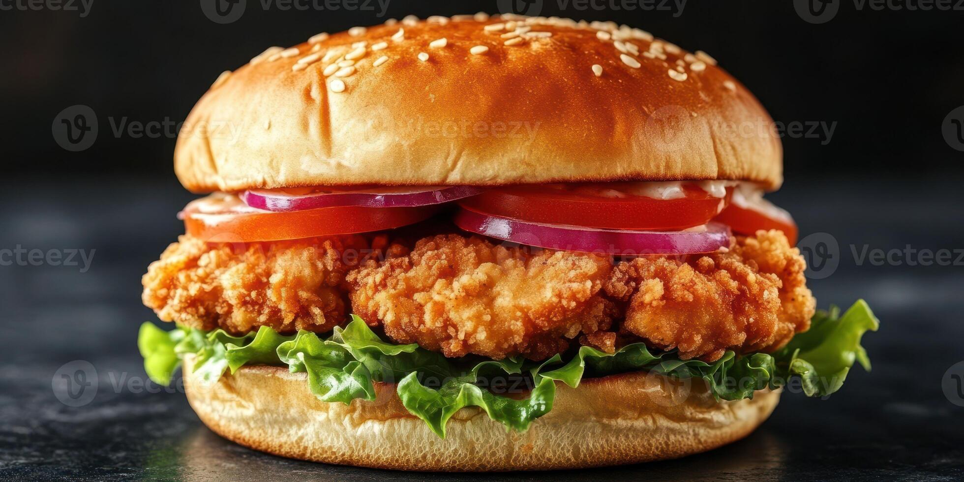 Crispy chicken sandwich with fresh ingredients placed on a dark surface for a tempting display photo