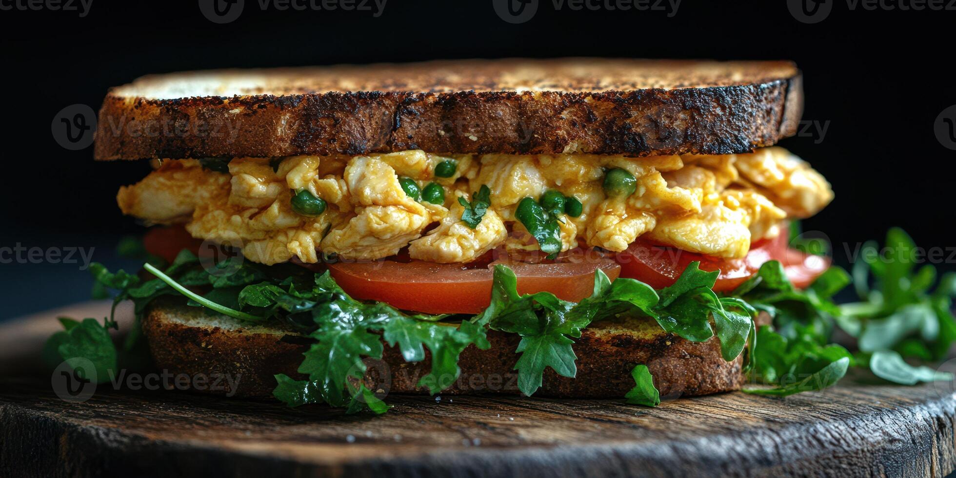 Delicious sandwich with scrambled eggs, fresh tomatoes, and arugula on toasted bread perfect for breakfast or lunch photo