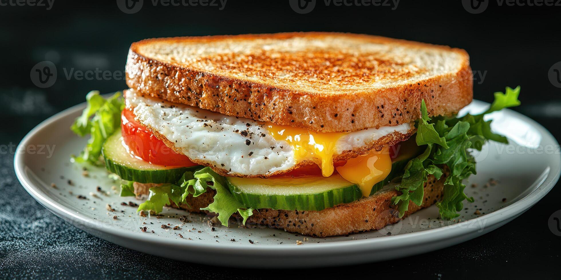 Delicious breakfast sandwich with fresh vegetables and a perfectly cooked egg served on toasted bread photo