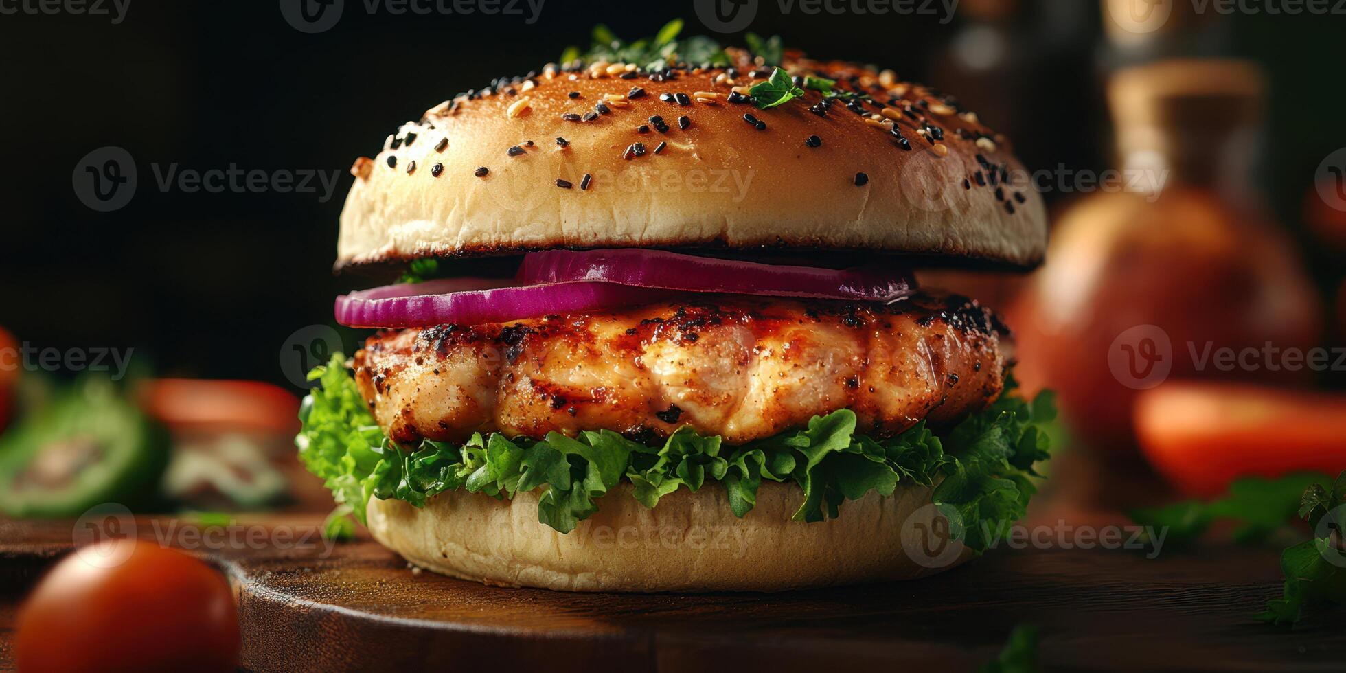 Deliciously stacked gourmet grilled salmon burger with fresh vegetables and sesame seed bun in restaurant setting photo