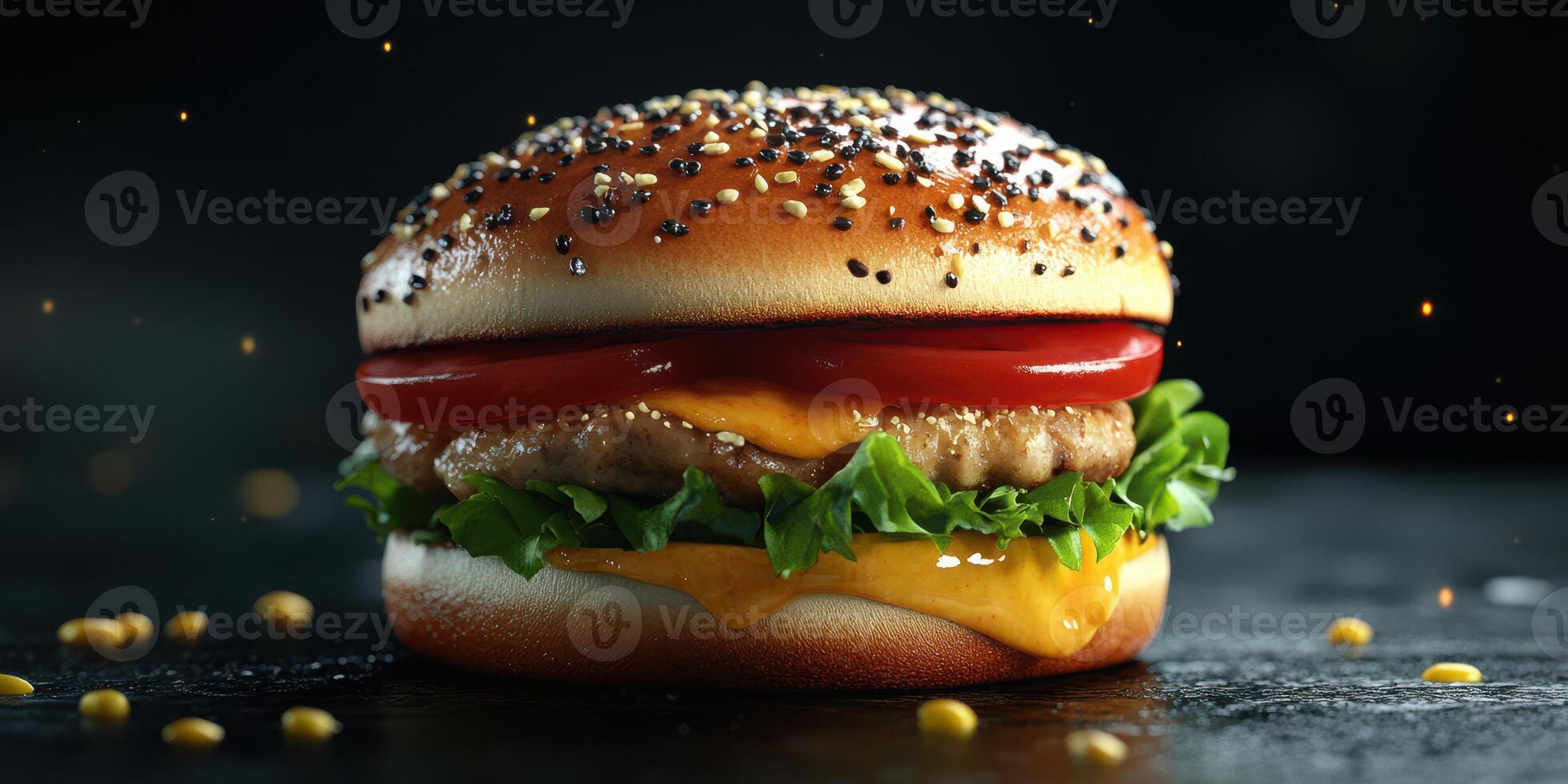 Juicy cheeseburger with fresh lettuce, tomato, and mustard on a sesame seed bun in a dark setting photo