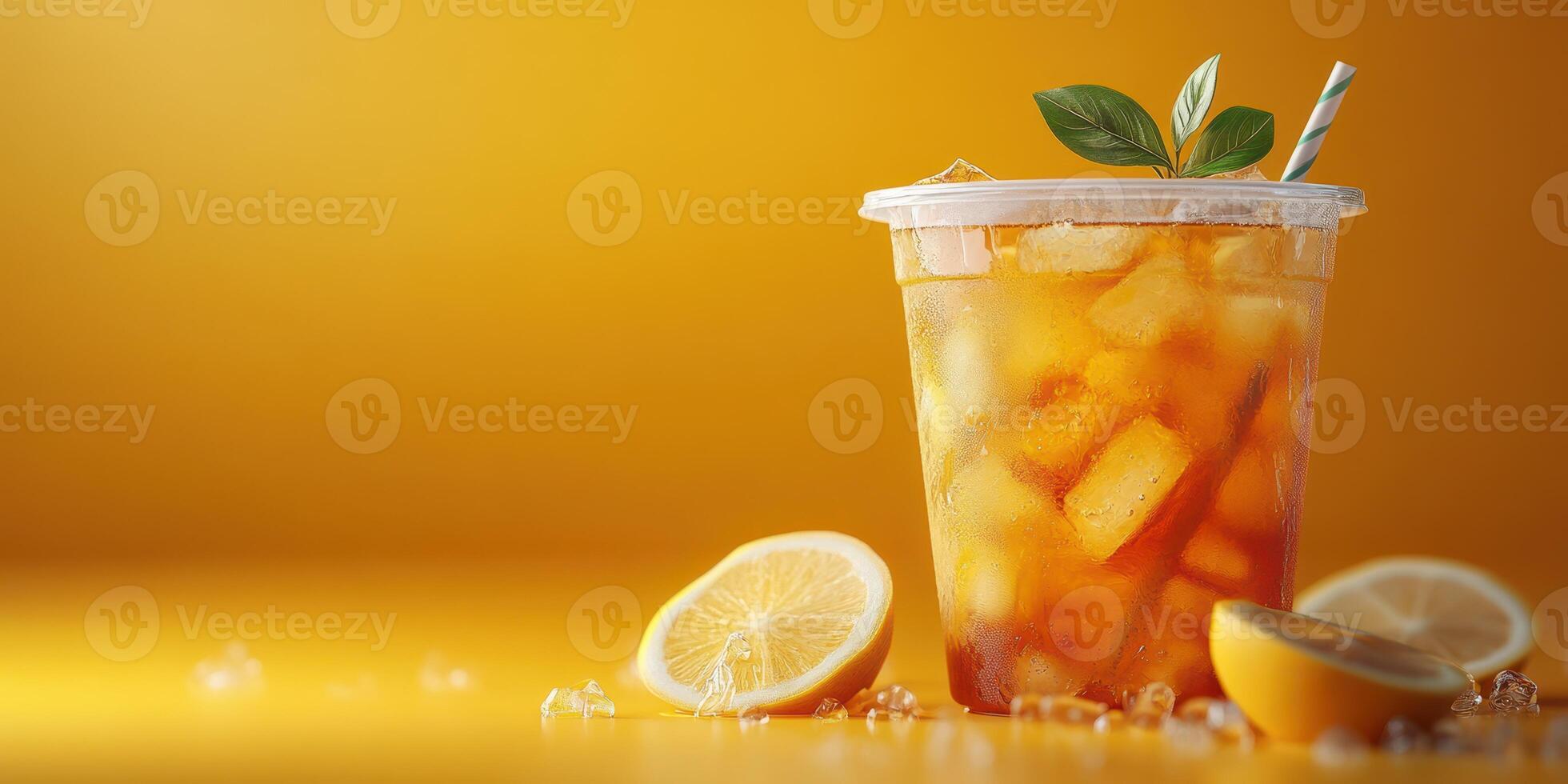Refreshing iced tea served with lemon slices and mint leaves on a vibrant yellow background photo