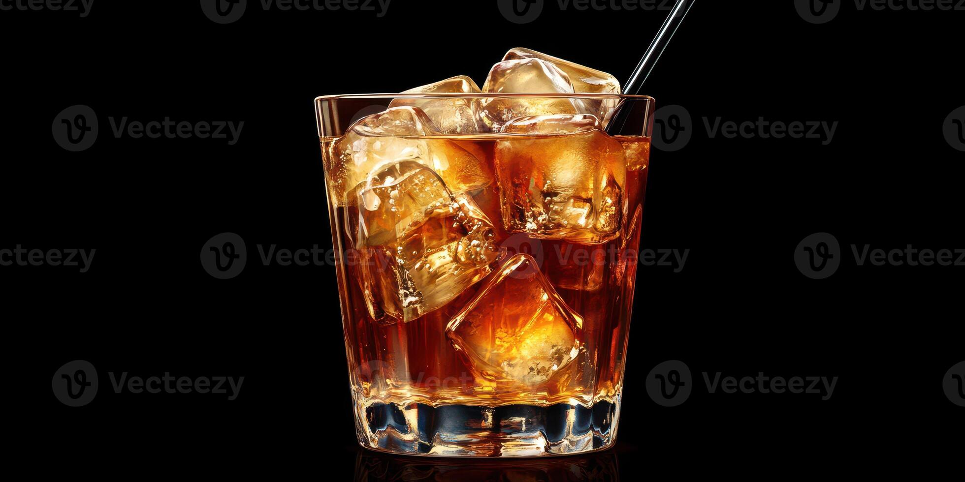 Rich brown beverage served over ice with a stirring straw in a clear glass at a stylish bar photo