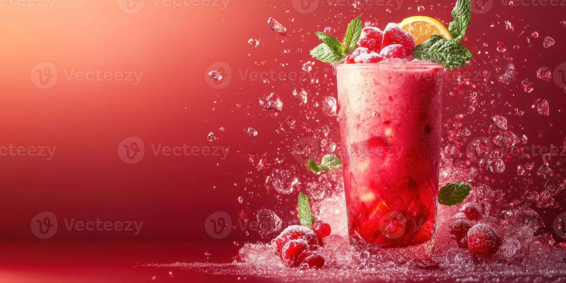 Refreshing berry smoothie bursting with splashes and garnished with mint on a vibrant background photo