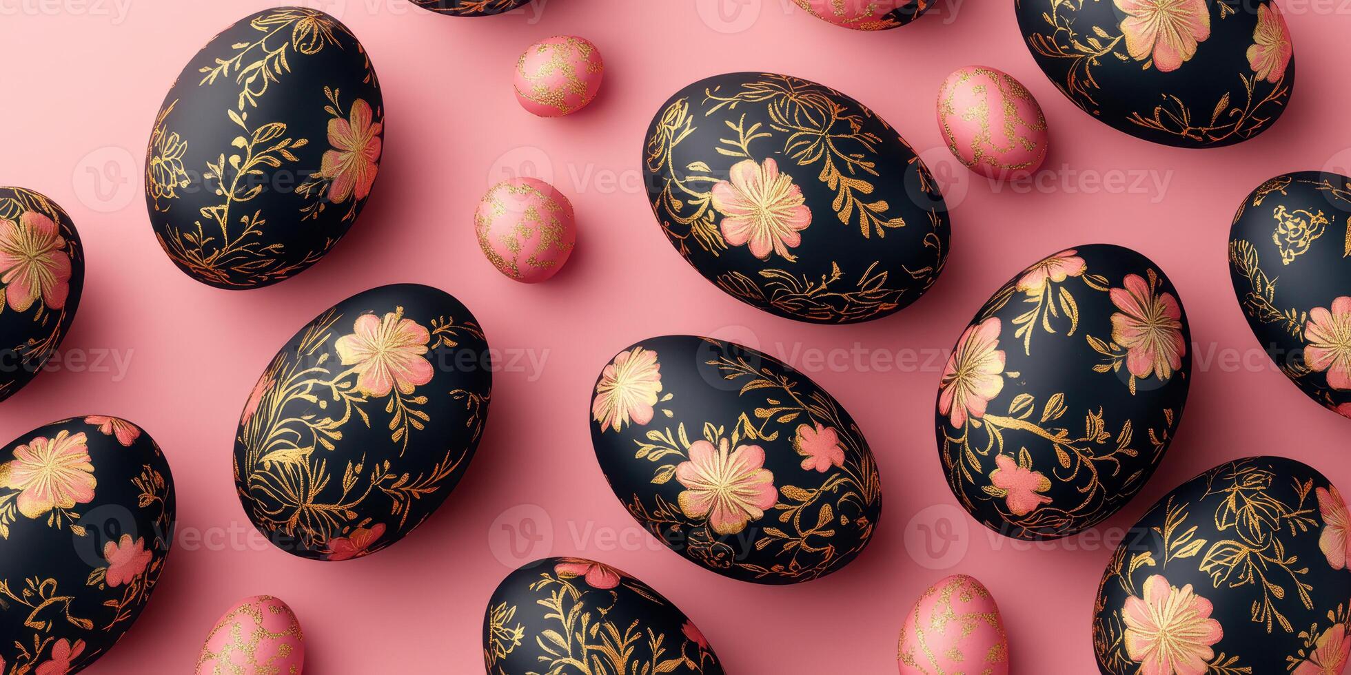 Easter eggs decorated with floral patterns arranged on a pink background for a festive celebration photo