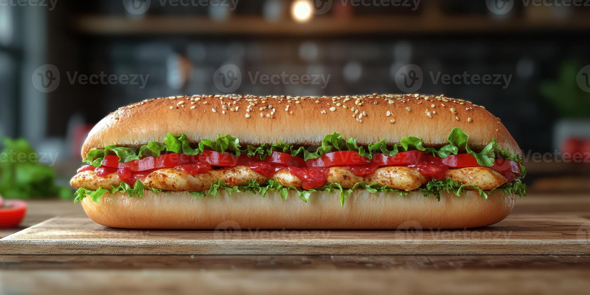 Delicious sub sandwich with grilled chicken, fresh tomatoes, and crisp lettuce on a wooden table photo