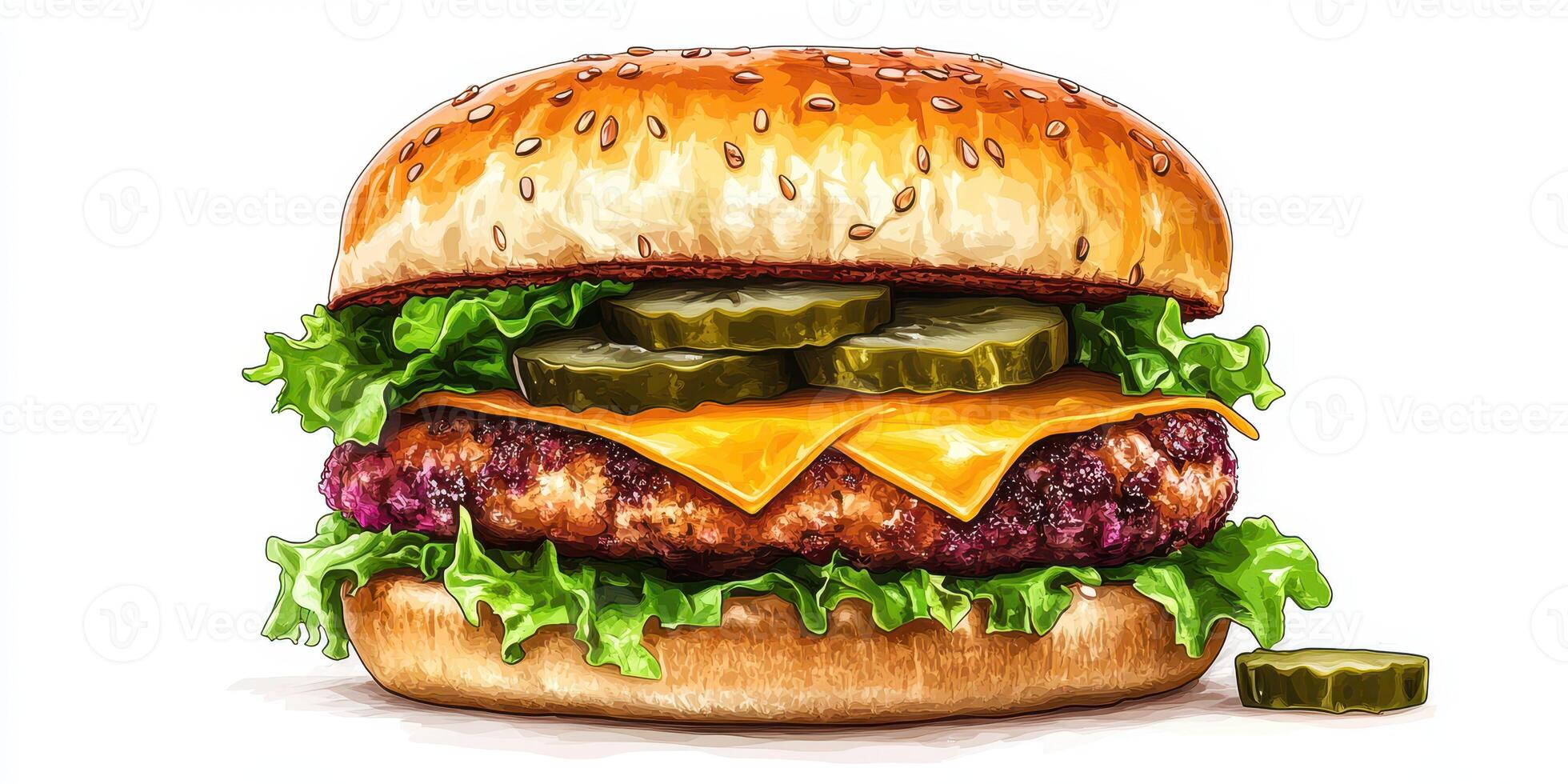 Juicy cheeseburger with lettuce, pickles, and cheddar cheese served on a sesame seed bun photo